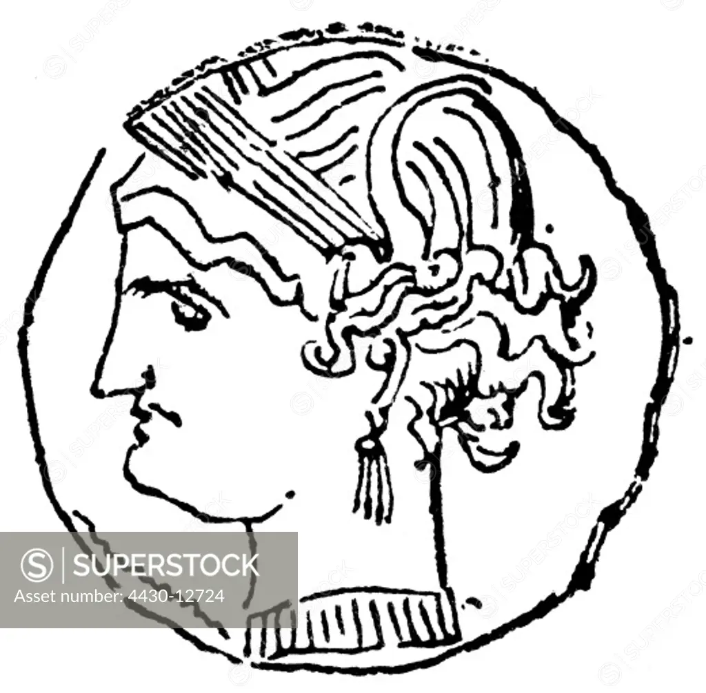 money / finances, coins, ancient world, Carthage, coin, obverse, portrait of the goddess Tanit, wood engraving, 19th century,