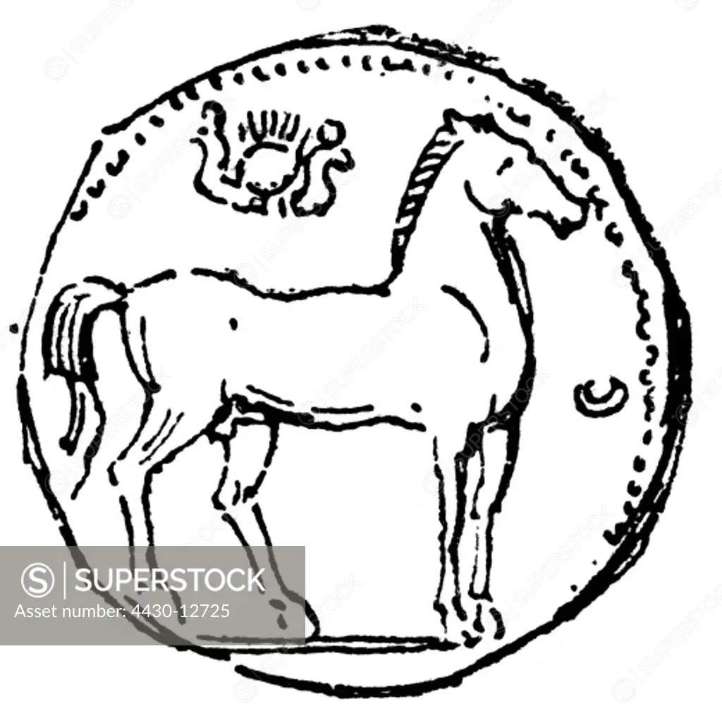 money / finances, coins, ancient world, Carthage, coin, reverse, image of a horse, wood engraving, 19th century,