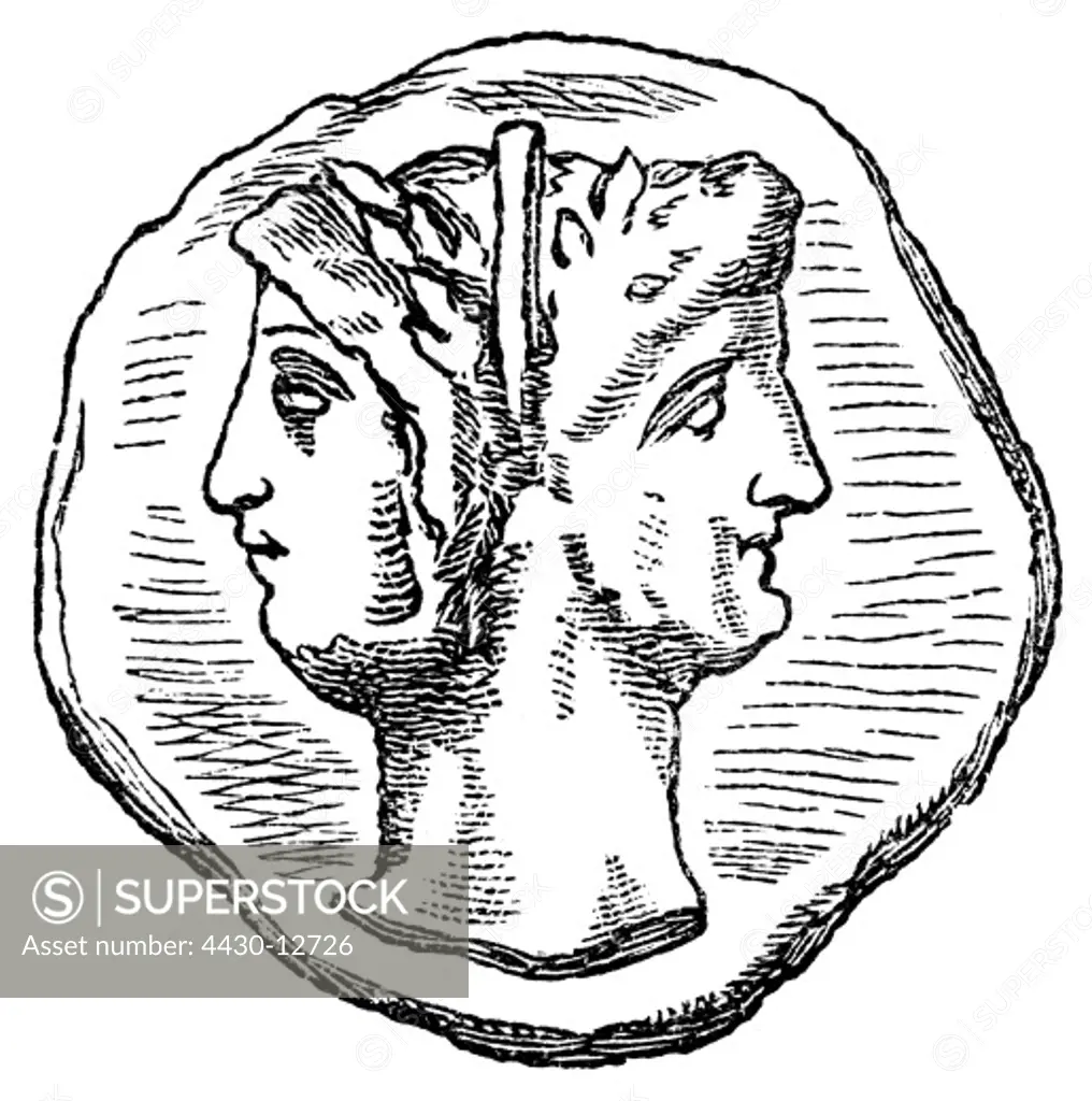 money / finances, coins, ancient world, Roman Empire, as, obverse, portrait of the God Janus, 169 - 158 BC, coined by the moneyer Lucius Cornelius Cinna, wood engraving, 19th century,