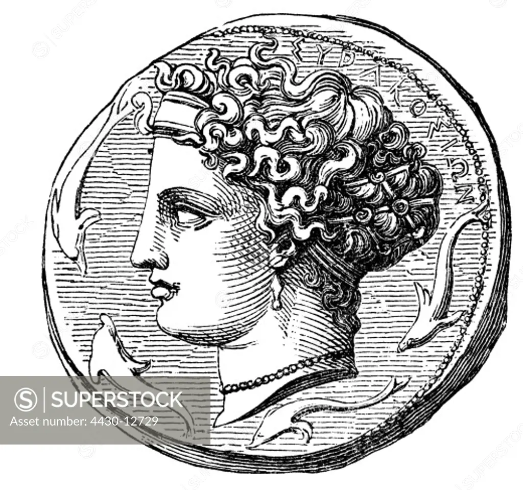 money / finances, coins, ancient world, Greece, coin, obverse, portrait of the nymph Arethusa, silver, Syracuse, wood engraving, 1869,