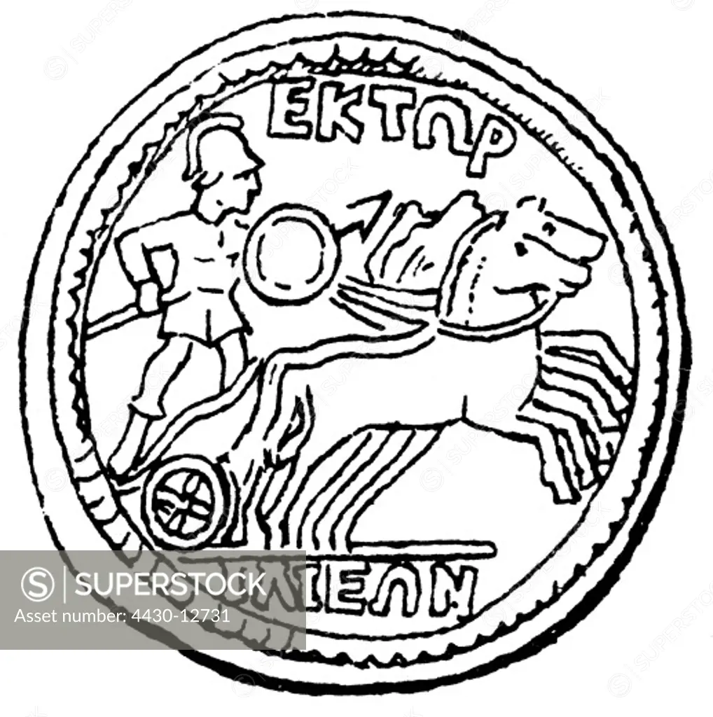 money / finances, coins, ancient world, Greece, coin with the portrait of Hector on the chariot, Troy, wood engraving,