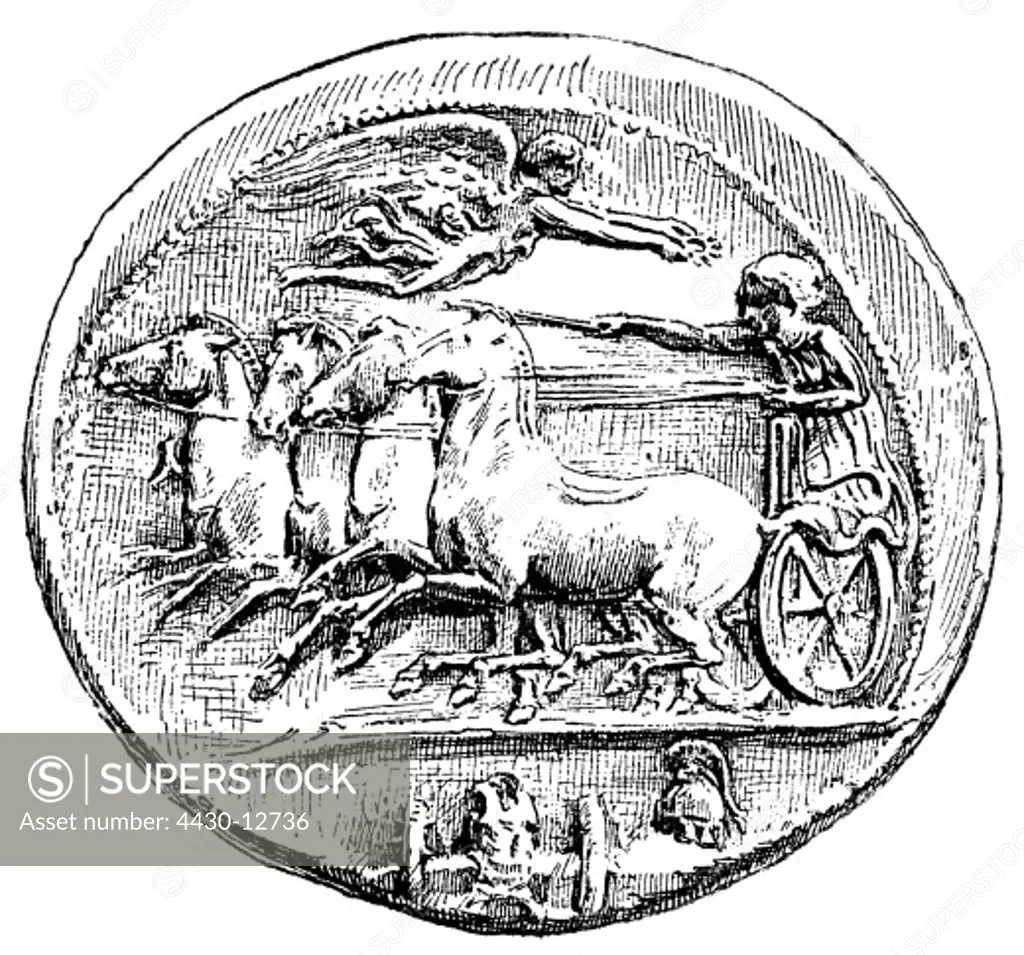 money / finances, coins, ancient world, Greece, coin, reverse, image of a quadriga, silver, Syracuse, wood engraving, 19th century,