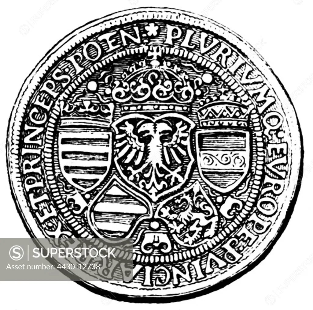 money / finances, coins, Germany, thaler, reverse, coined by emperor Maximilian I, silver, early 16th century, wood engraving, 19th century, after Julius Friedl_nder, coin cabinet, Berlin,