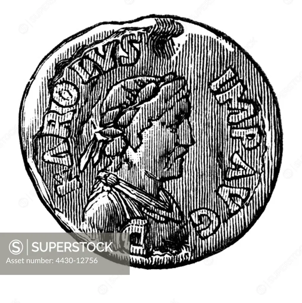 money / finances, coins, Frankish Empire, denarius, by emperor Charlemagne, obverse, silver, circa 800, wood engraving, by C.L. Becker, 19th century,