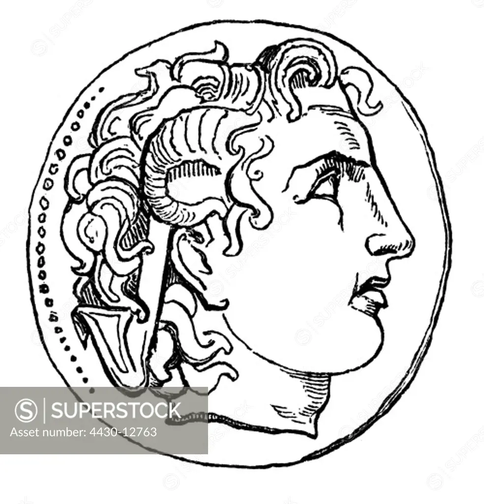 money / finances, coins, Greece, coin, with head of Alexander Great as Zeus Ammon, coined by Lysimachus, Thrace, 4th century BC, wood engraving, from: book of inventions, trades and industries, Otto Spamer publishing house, Leipzig - Berlin, 1864 - 1867,