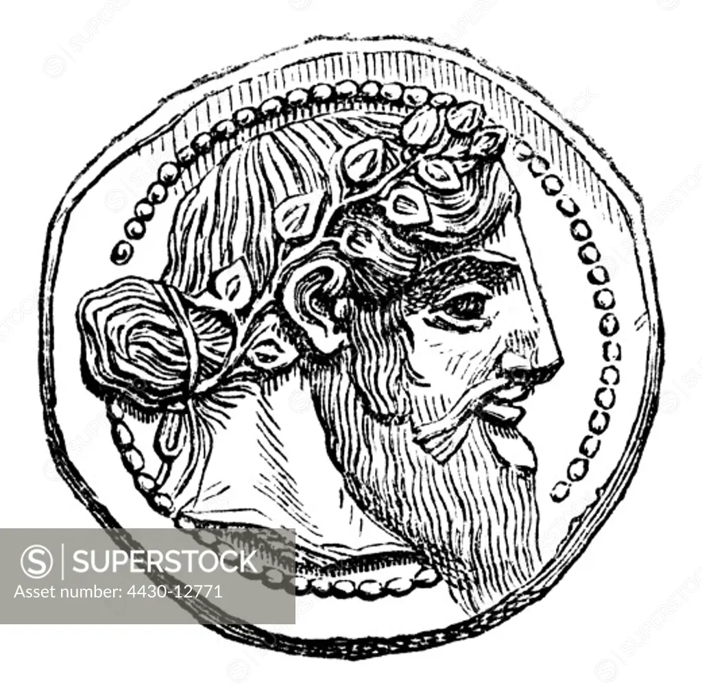 money / finances, coins, ancient world, Greece, tetradrachm, obverse, Dionysus, Naxos, circa 460 BC, wood engraving, from: ""Le Magasin Pittoresque"", Paris, 1865,