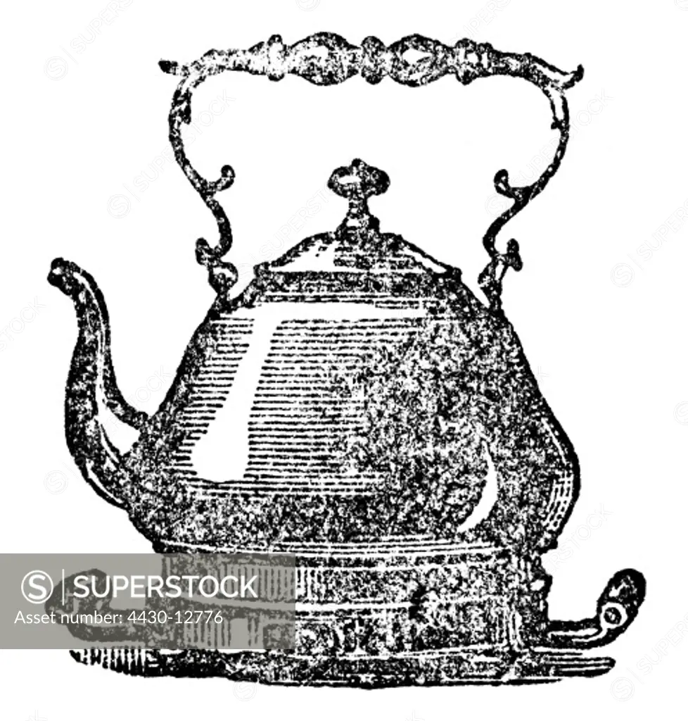 household, cooking and baking, food warmer with tea kettle, wood engraving, from: Friedrich Eduard Bilz, New Naturopathic Treatment, Leipzig, Germany, 1902,
