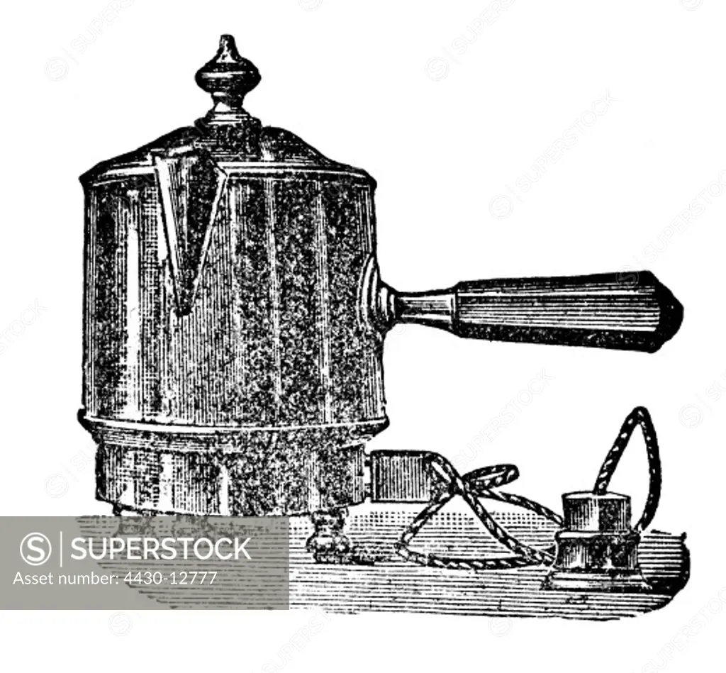 household, cooking and baking, electric heatable cooking vessel, sophisticated configuration, wood engraving, from: Friedrich Eduard Bilz, New Naturopathic Treatment, Leipzig, Germany, 1902,