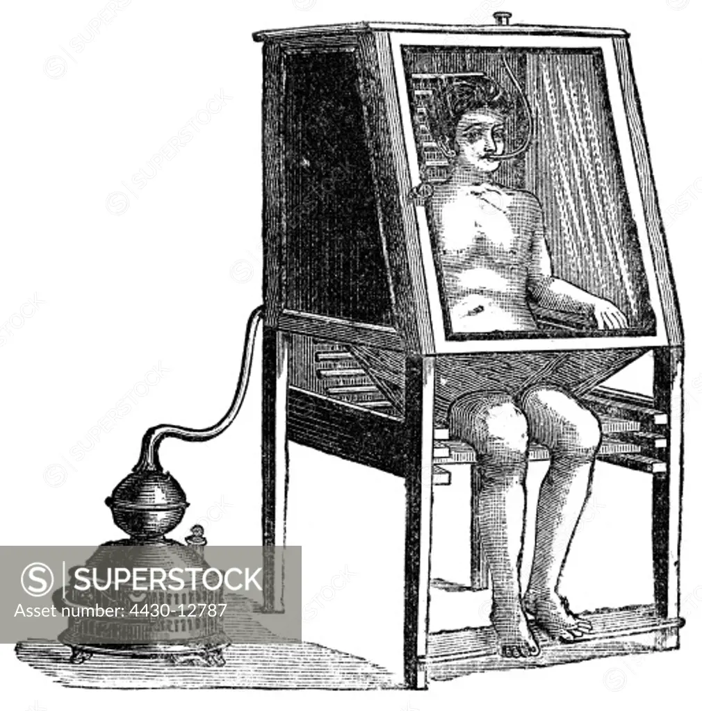 medicine, treatment, steam baths, steam bath for head and torso, wood engraving, from: Friedrich Eduard Bilz, New Naturopathic Treatment, Leipzig, Germany, 1902,