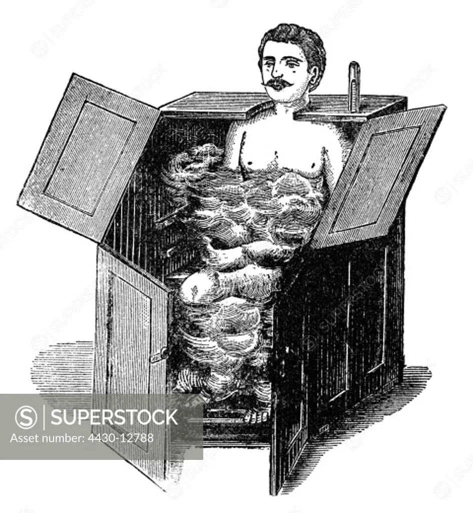 medicine, treatment, steam baths, steam chest to sit in, wood engraving, from: Friedrich Eduard Bilz, New Naturopathic Treatment, Leipzig, Germany, 1902,
