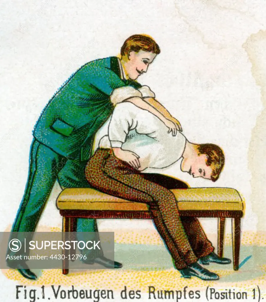 medicine, treatment, therapy, medical gymnastics, bending forward of the upper body, from: Friedrich Eduard Bilz, New Naturopathic Treatment, Leipzig, Germany, 1902,