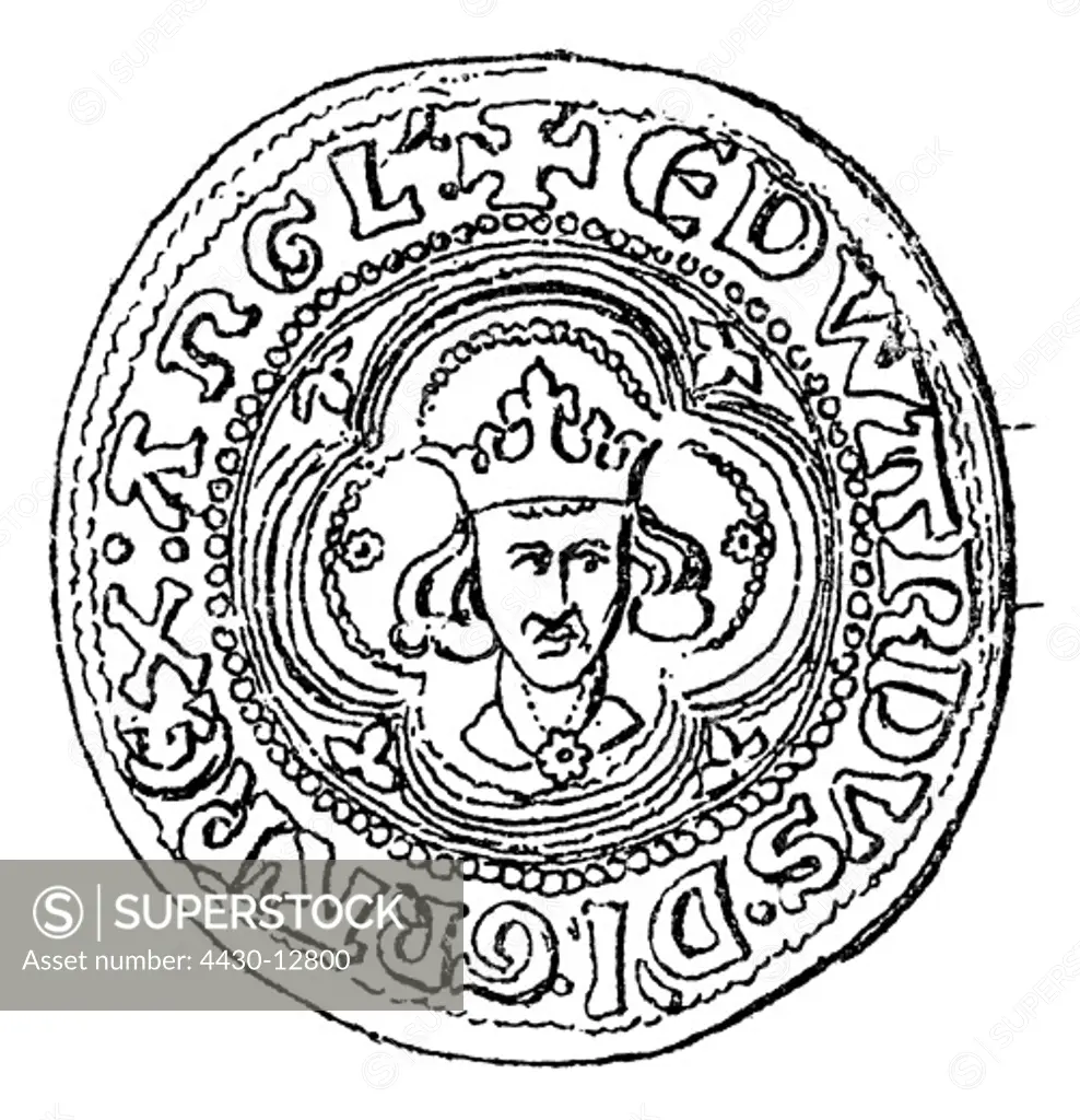 money / finances, coins, Great Britain, Groat, minted in the period of King Edward I of England (1272 - 1307), obverse, wood engraving, 19th century,