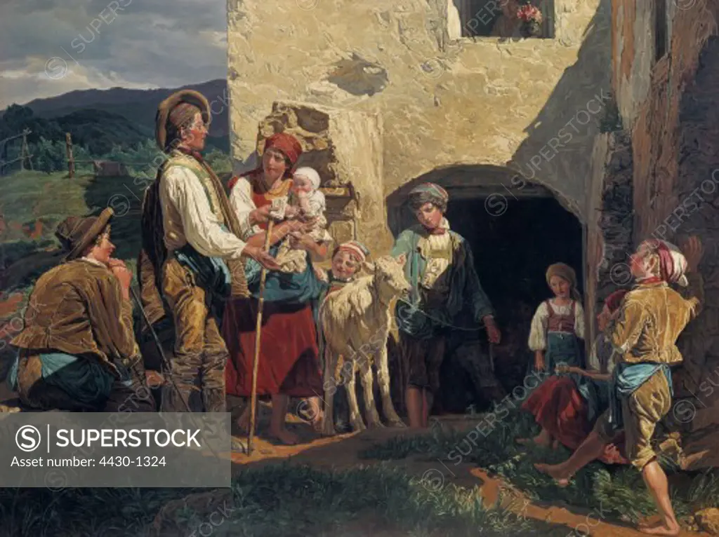 fine arts, Waldmueller, Ferdinand Georg (1793 - 1865), painting, ""Der Notverkauf (Das letzte Kalb)"" (The Distress Sale - The Last Calf), 1857, Stuttgart State Gallery, Germany,