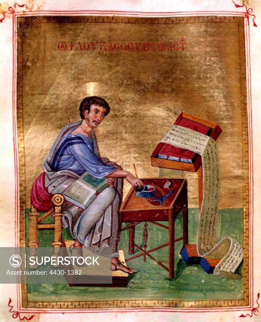 fine arts, religious art, saints, Luke, evangelist, Greek illumination, Book of Gospels, 10th century, national library of Athens,