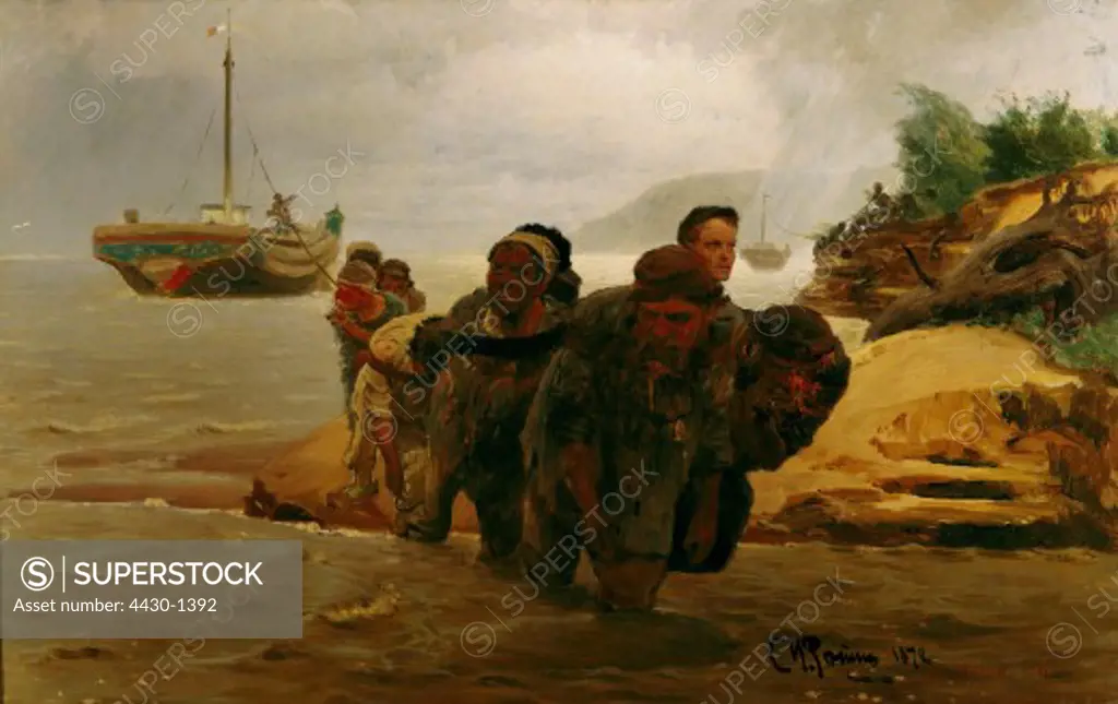 fine arts, Repin, Ilja (1844 - 1930): ""Barge Haulers crossing a Ford"", oil on canvas, 1872, Tretyakov Gallery, Moscow,