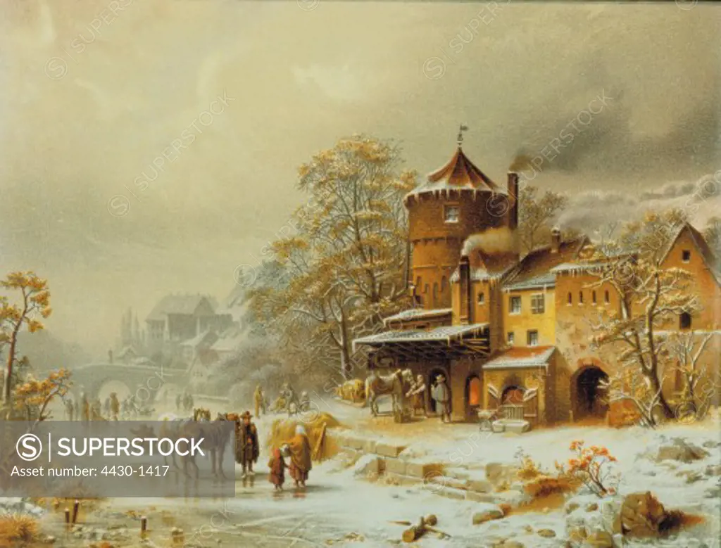 fine arts, H_fer, Heinrich, (1825 - 1878), graphics, ""winter"", colour lithograph,