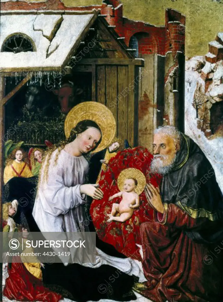 fine arts, religious art, Jesus Christ, ""The Nativity"", painting, master of the Munich Saint Mary panels, circa 1450/1460, Kunsthaus (museum of art), Basle,