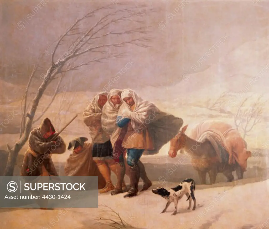 fine arts, Goya y Lucientes, Francisco de, (1746 - 1828), painting, ""La Nevada"", (""the snowstorm""), 1786 / 1787, oil on canvas, 275 cm x 350 cm, Prado, Madrid,