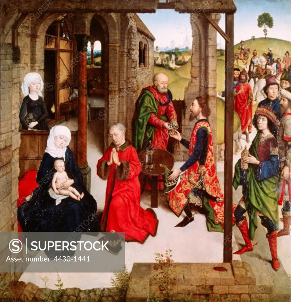 fine arts, Bouts, Dirk, (circa 1410 - 1475), painting, ""pearl of Brabant"", central panel, ""adoration of the Magi"", panel, 62,6 cm x 62,6 cm, Old Pinakothek, Munich, Germany, Europe, 15th century, gothic, religious art, altarpiece, religion, christianity, Saint Mary, Madonna, Jesus Christ, child, three Magi, 3, kneeling, praying, adoring, worshipping, presents, Dierick,