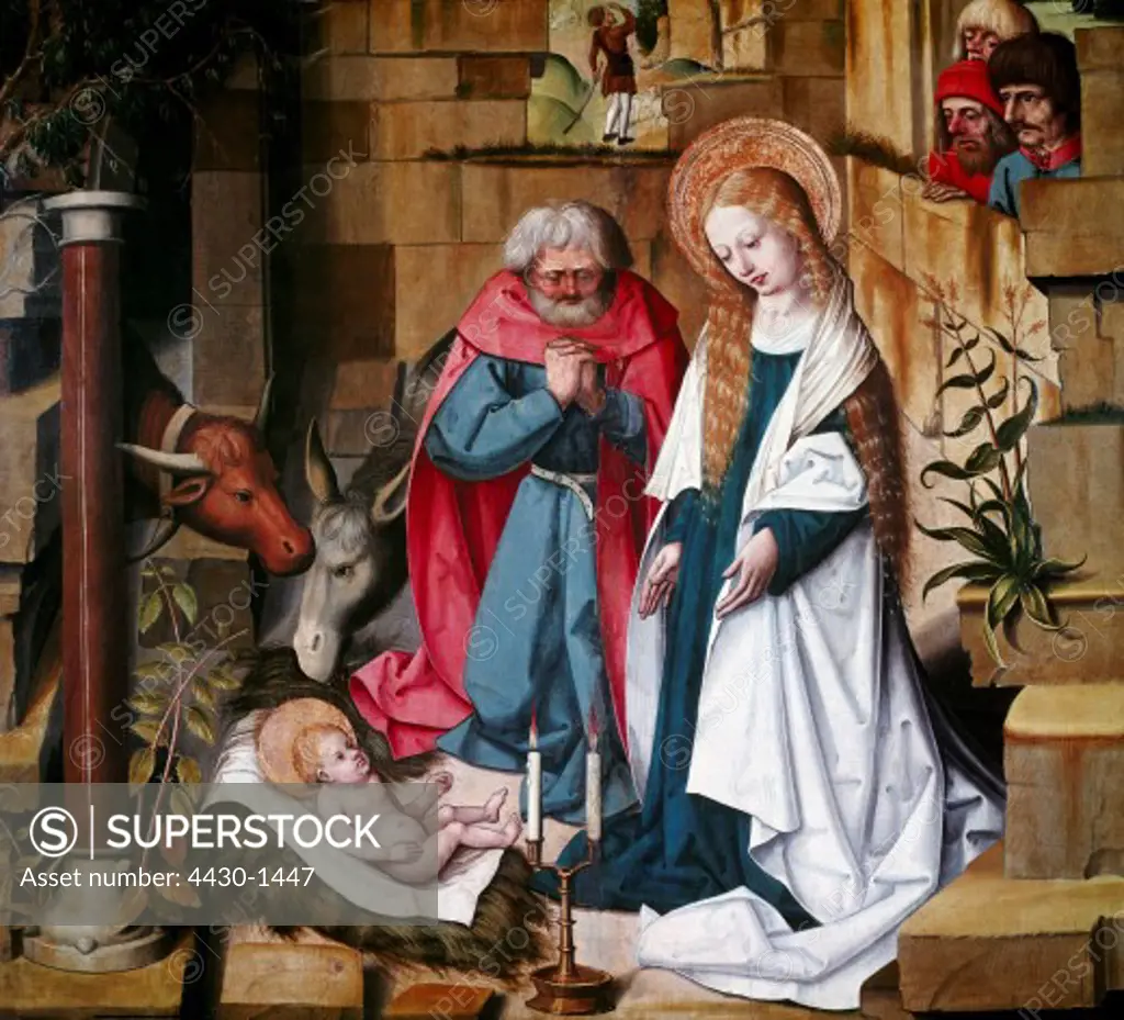 fine arts, religious art, Jesus Christ, ""The Nativity"", painting, master of the Seligenstadt Altar, circa 15th century, Lindenau Museum, Altenburg,