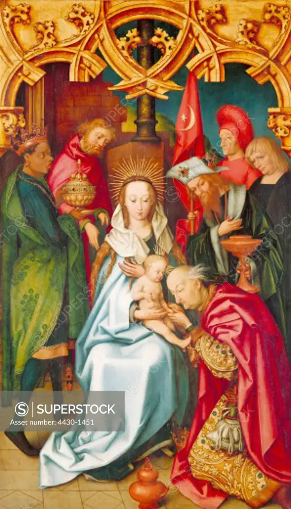 fine arts, Holbein, Hans the Elder, (circa 1465 - 1524), painting, Kaisheim altar, left wing, interior, ""adoration of the Magi"", 1502, oil on panel, 142 cm x 85 cm, Old Pinakothek, Munich, historic, historical, Europe, Germany, 16th century, gothic, altarpiece,