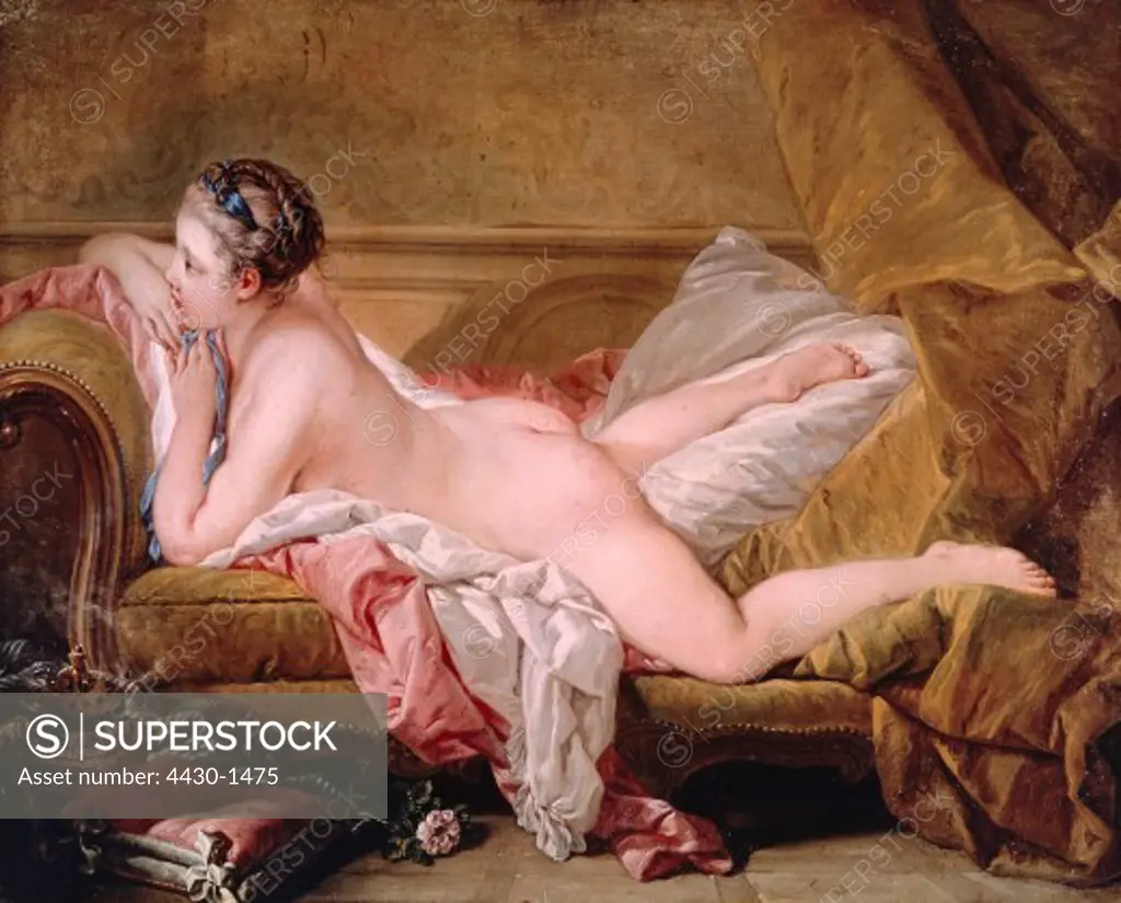 fine arts, Boucher, Francois, (1703 - 1770), paiting, ""girl reclining (Louise O` Murphy)"", 1752, oil on canvas, 59 cm x 73 cm, Old Pinakothek, Munich, Germany,