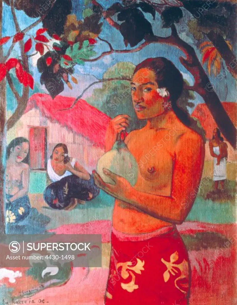 fine arts, Gauguin, Paul, (1848 - 1903), painting, ""Eu haete ia oe"", (""woman holding fruit (where are you going)""), 1893, oil on canvas, 92 cm x 72 cm, Hermitage, Saint Petersburg,