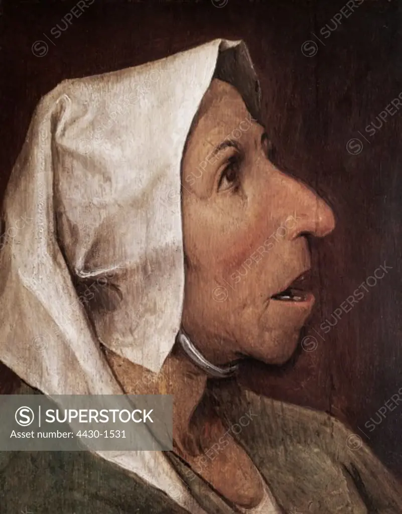 fine arts, Brueghel, Pieter the Elder, (1525 / 1530 - 1569), painting, ""head of old peasant woman"", oak panel, 22 cm x 18 cm, Old Pinakothek, Munich,