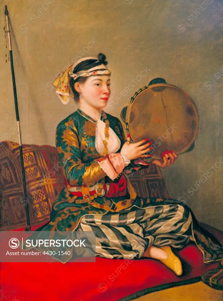 fine arts, Liotard, Jean-Etienne, (1702 - 1789), painting, ""Femme Turque aus Tambourin"", (""Turkish woman with tambourine"", oil on canvas, museum of arts and history, Geneva,