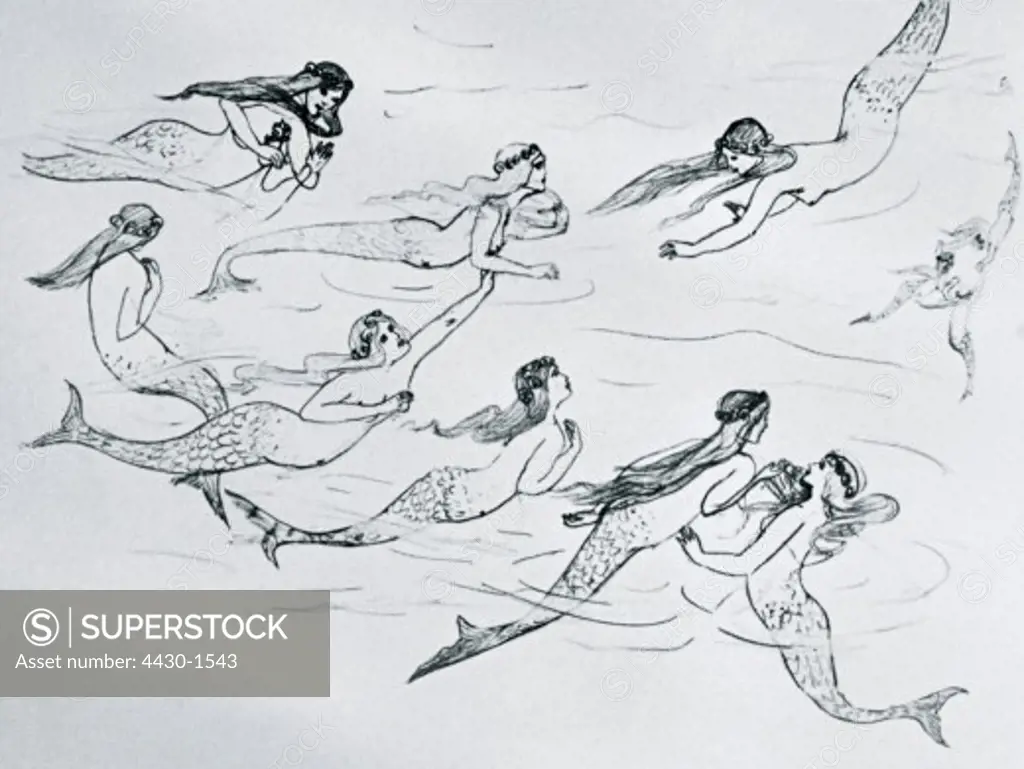 fine arts, Bilek, Franziska (1906 - 1991), mermaids, drawing, Indian ink, ARTIST'S COPYRIGHT MUST ALSO BE CLEARED,