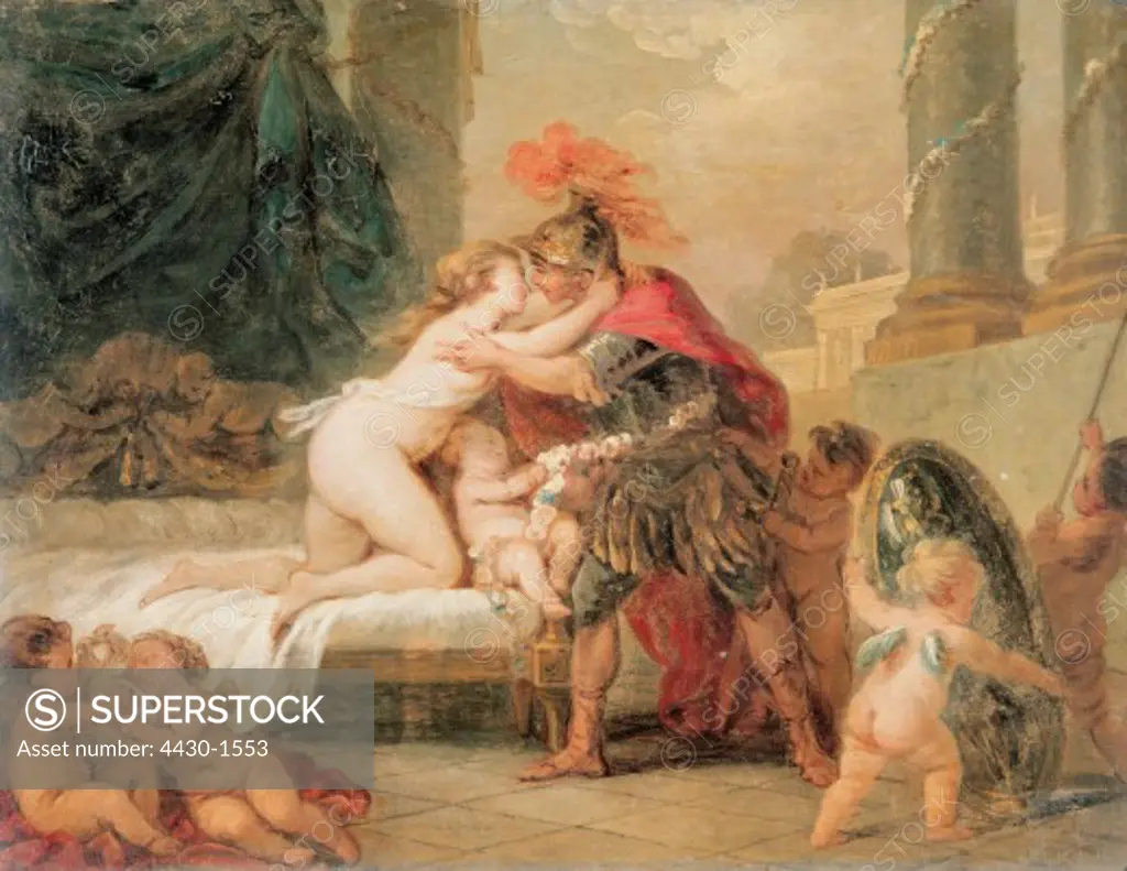 fine arts, Lagrenee, Louis Jean Francois, (1724 - 1805), painting, ""Mars and Venus"", museum of arts and history, Nimes,