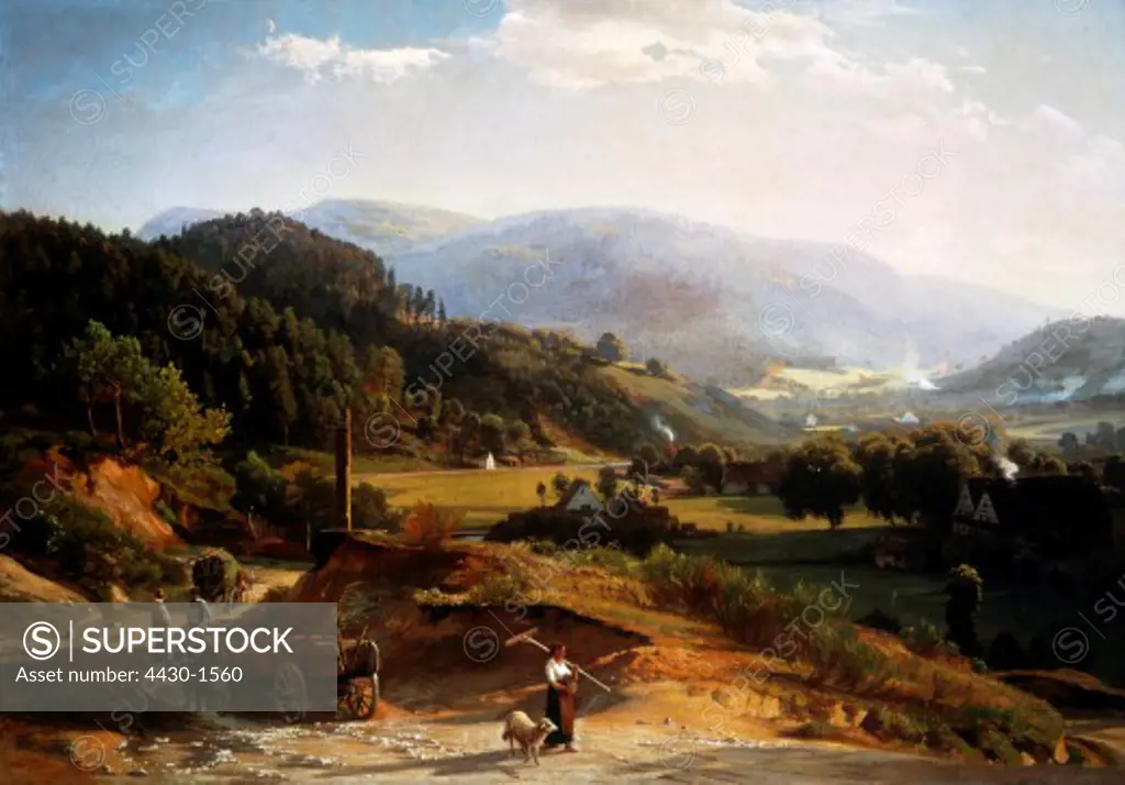 fine arts, Schirmer, Johann Wilhelm, (1873 - 1863), painting, ""Landschaft bei Baden-Baden"" (Baden-Baden landscape), 1854, oil on canvas, 60 x 82,7 cm, Folkwang Museum, Essen,