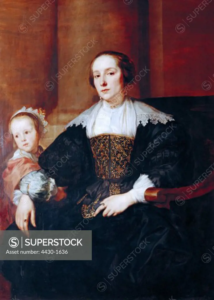 fine arts, Dyck, Anthony van, (1599 - 1641), painting, "" of the wife of painter Theodor Rombouts with daughter"", oak panel, 122,8 cm x 90,7 cm, Old Pinakothek, Munich,