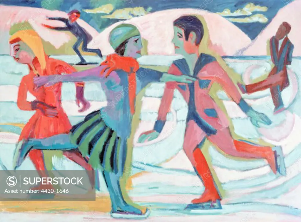 fine arts, Kirchner, Ernst Ludwig, (1880 - 1938), painting, ""Schlittschuhl_ufer"", (""ice skaters""), 1924 / 1925, oil on canvas, 125 cm x 168,5 cm, state museum of Hesse, Darmstadt, historic, historical, Europe, Germany, 20th century, expressionism, ""the bridge"", winter, leisure, skates, skating, sports,