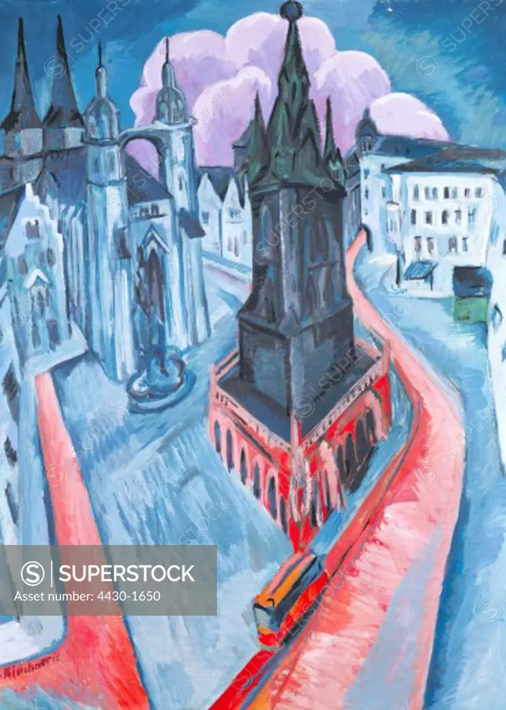 fine arts, Kirchner, Ernst Ludwig, (1880 - 1938), painting, ""Der rote Turm in Halle"", (""the red tower in Halle""), 1915, oil on canvas, 120 cm x 90,5 cm, Folkwang museum, Essen, historic, historical, Europe, Germany, 20th century, expressionism, ""the bridge"", ctiyscape, cityscapes, city view, views, market square, architecture, towers, belfry,