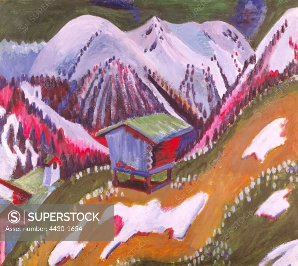 fine arts, Kirchner, Ernst Ludwig, (1880 - 1938), painting, ""Berglandschaft mit Alph™tte"", (""mountain landscape with alpine hut""), house of arts, Z™rich,