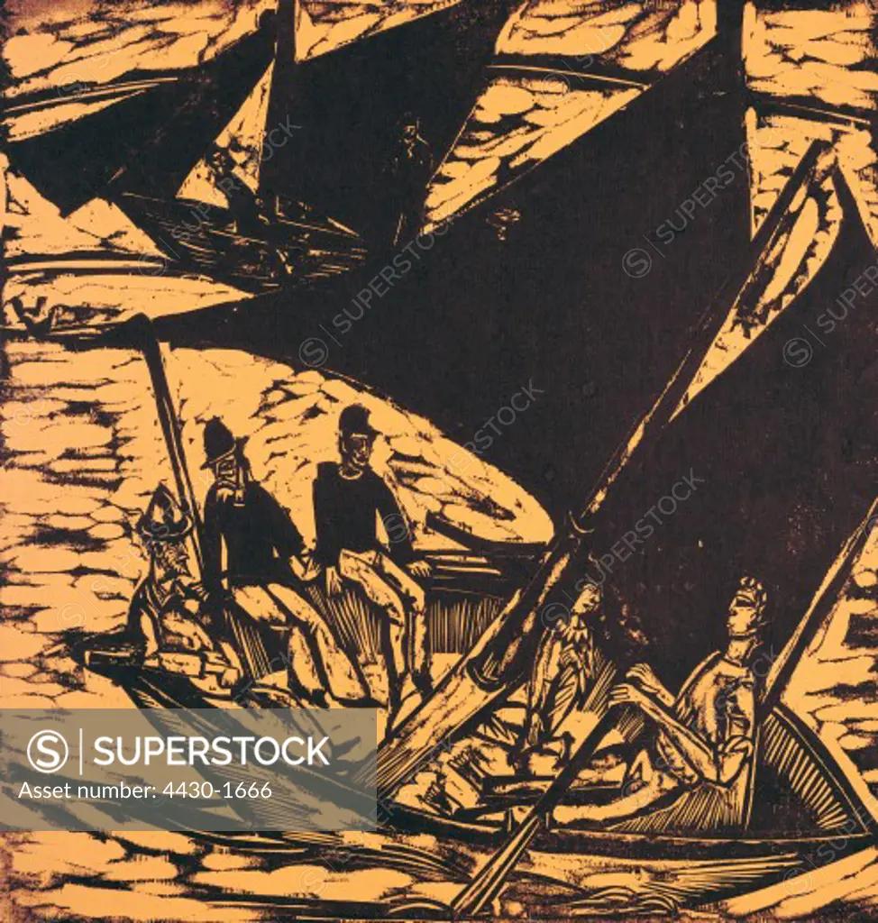 fine arts, Kirchner, Ernst Ludwig, (1880 - 1938), graphics, ""Segelboote bei Fehmarn"", (""sailing boats near Fehmarn""), 1914, woodcut, 53,7 cm x 43,3 cm,