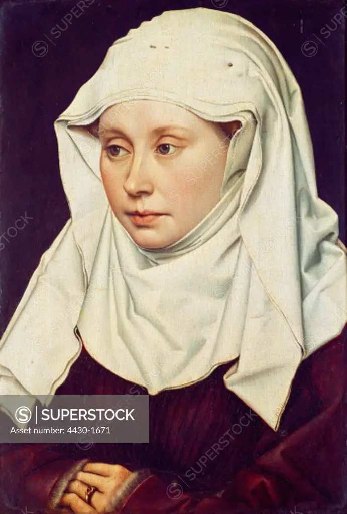 fine arts, Campin, Robert, (circa 1375 - 1444), painting, ""A woman"", circa 1435, oil / tempera on oak panel, 40,6 cm x 28,1 cm, National Gallery, London,