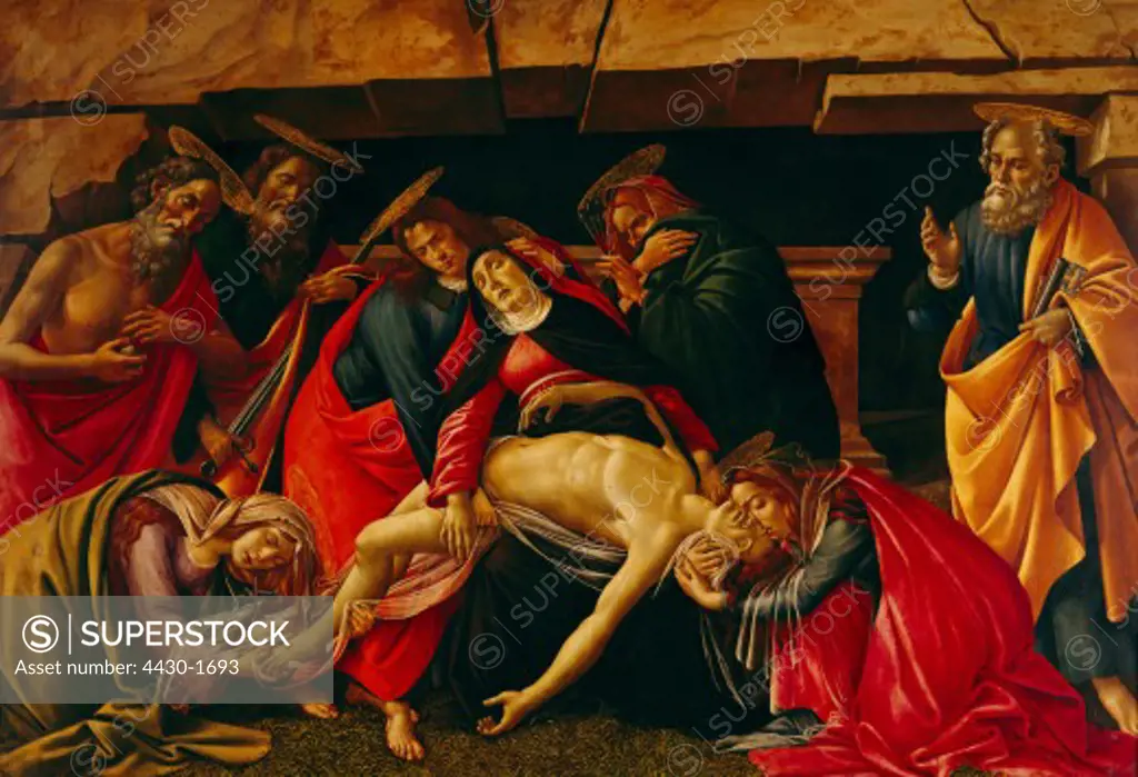 fine arts, Botticelli, Sandro (1445 - 1510), painting ""Lamentation over the Dead Christ "", circa 1500, 140 cm x 207 cm, Alte Pinakothek, Munich,