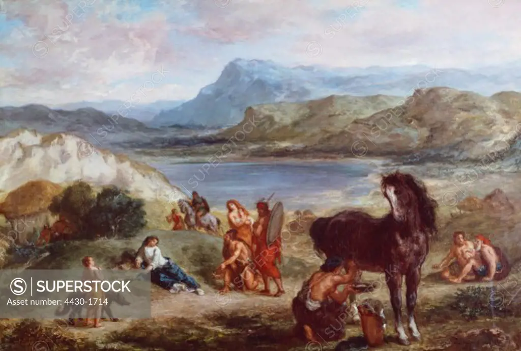 fine arts, Delacroix, Eugene, (1798 - 1863), painting, ""Ovid among the Scythians"", 1859, oil on canvas, 87,6 cm x 130,2 cm, National Gallery, London,