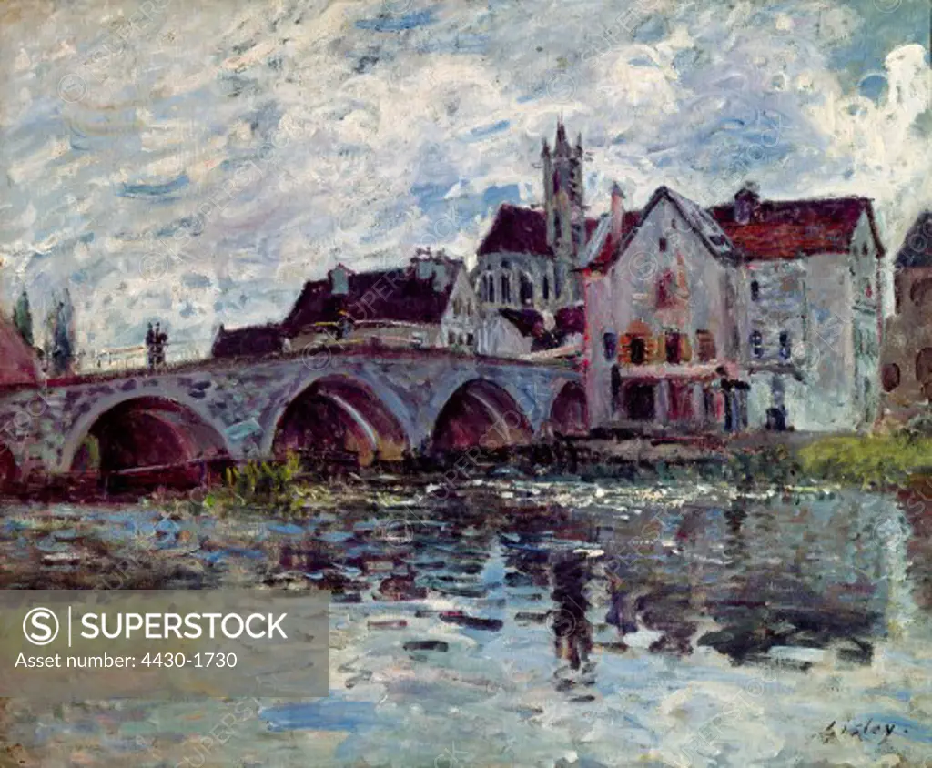 fine arts, Sisley, Alfred, (1839 - 1899), painting, ""The Bridge of Moret"", 1887, oil on canvas, Nouveau Musee du Havre,