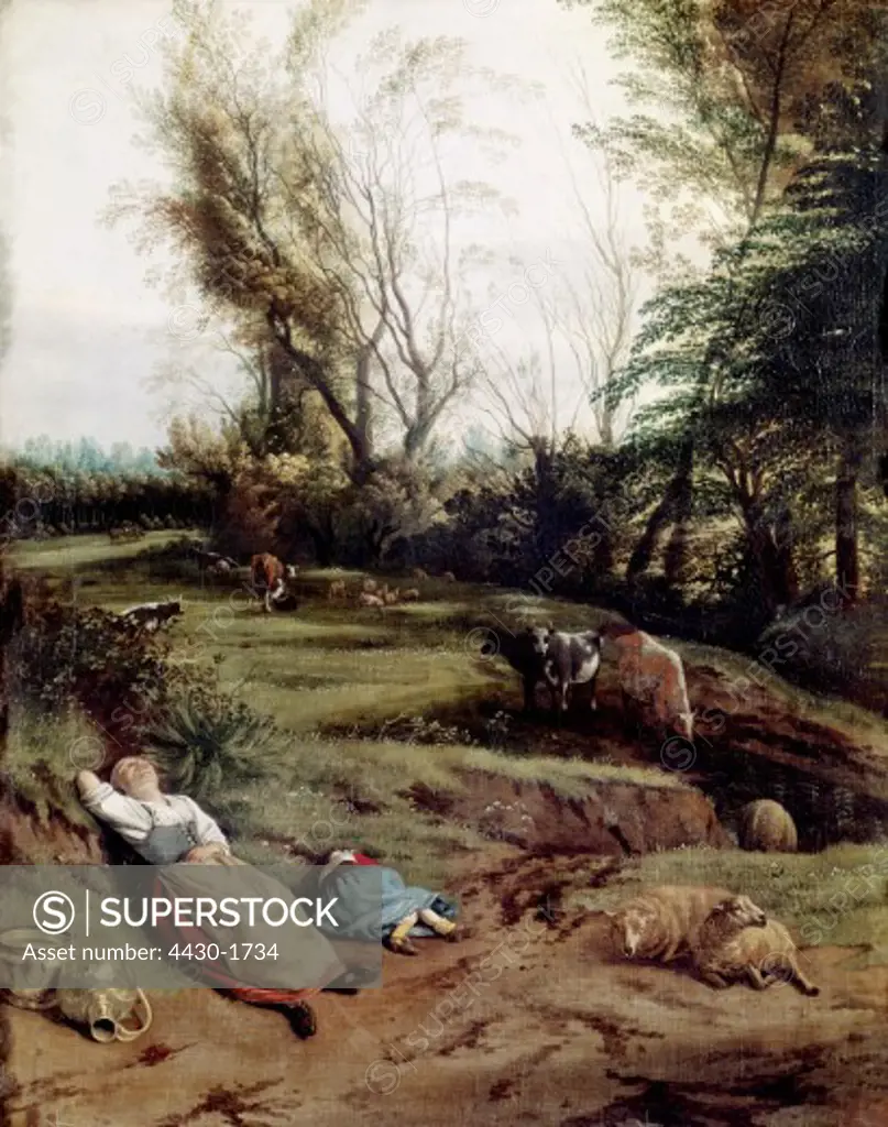 fine arts, Siberechts, Jan (1627 - circa 1700), painting, ""Pasture with sleeping woman"", oil on canvas, circa 1670, Alte Pinakothek, Munich,