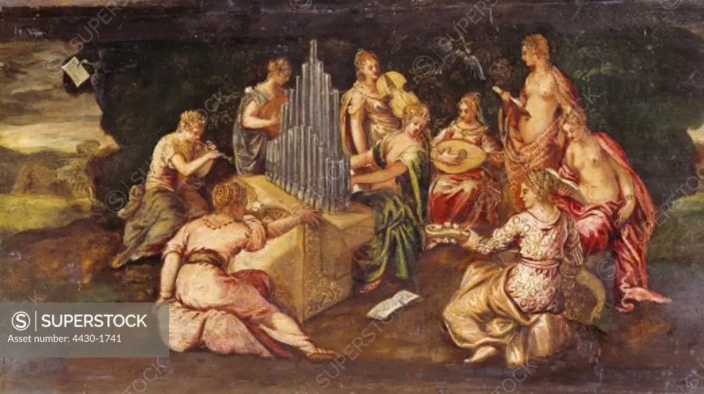 fine arts, Tintoretto, (birth name: Jacopo Robusti, Jacopo Comin), (1518-1594), painting, ""Ladies Concert in Open Air"", circa 1544 / 1545, oil on canvas, 46 x 90 cm, Museo di Castelvecchio, Verona,
