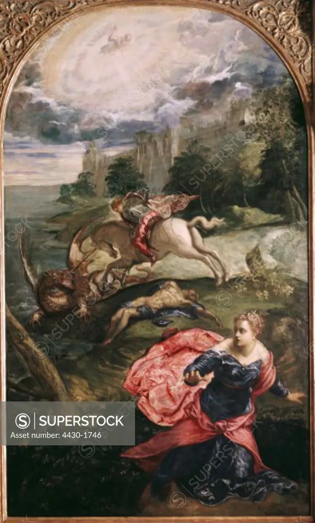 fine arts, Tintoretto, (birth name: Jacopo Robusti, Jacopo Comin), (1518-1594), painting, ""Saint George and the Dragon"", oil on canvas, 158.3 cm x 100.5 cm, 1555 - 1558, National Gallery, London,