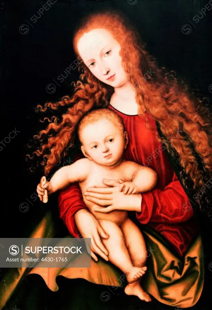 fine arts, painting, ""Mary with child"", (Maria mit dem Kinde), 1529, Lucas Cranach the Elder, (1472 - 1553), Museum of Arts, Basel, Switzerland, Madonna, Mother of God, Virigin, Christ Child, Jesus, Christ, Baby, naked, bare, religion, religious arts, christianity, bible, New Testament, piece of bread, biscuit, food,