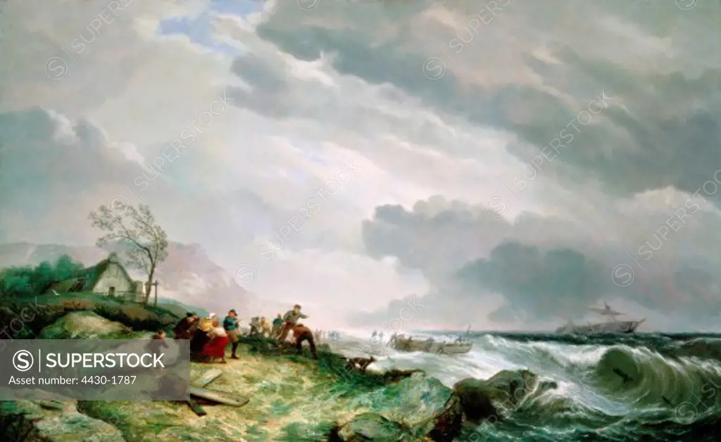fine arts, Dommersen, Cornelis Christian, (1842 - 1928), painting, ""ship in distress"", 1868, oil on canvas, 50 cm x 79 cm,