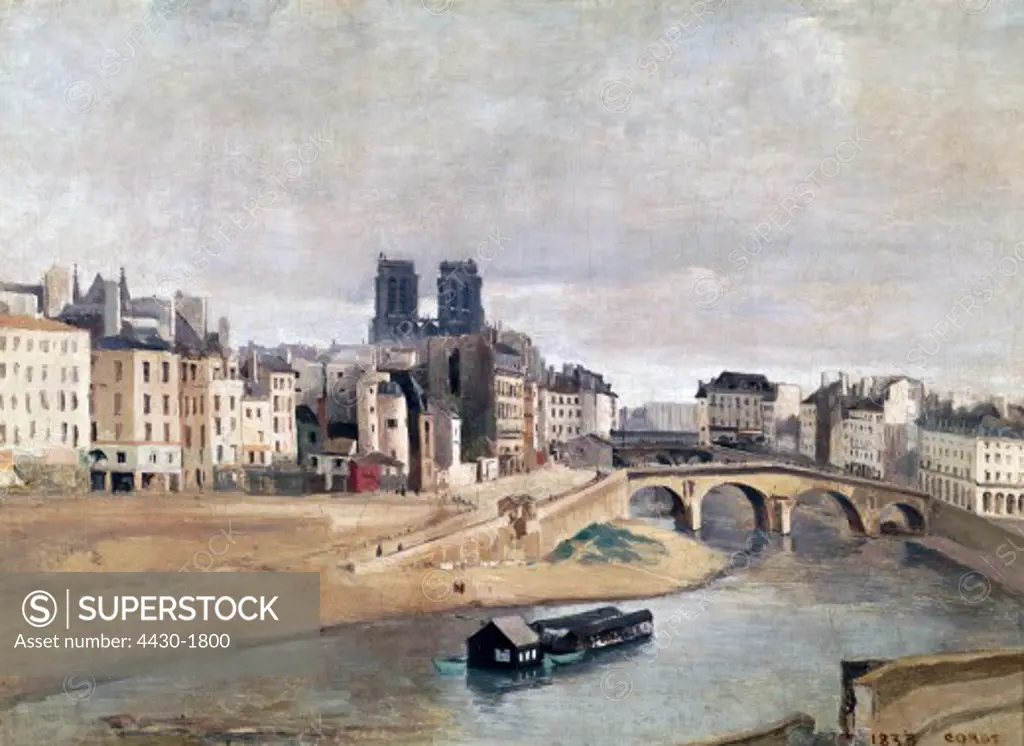 fine arts, Corot, Jean-Baptiste Camille, (1796 - 1875), painting, ""the Quai Orfevres and Saint Michel bridge in Paris"", Carnavalet Museum, Paris,