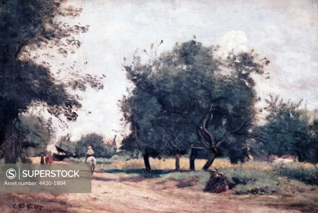 fine arts, Corot, Jean-Baptiste Camille, (1796 - 1875), painting, ""riders on the village road"", Folkwang Museum, Essen,
