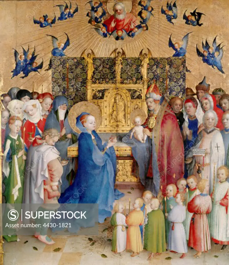 fine arts, Lochner, Stefan, (circa 1410 - 1451), painting, ""Saint Catherine altar"", prsentation at the temple, 1447, state museum of Hesse, Darmstadt, Europe, Germany, religion, christianity, religious art, 15th century, middle ages, gothic, Jesus, Saint Mary, Jesus Christ, child, altarpiece, altar,