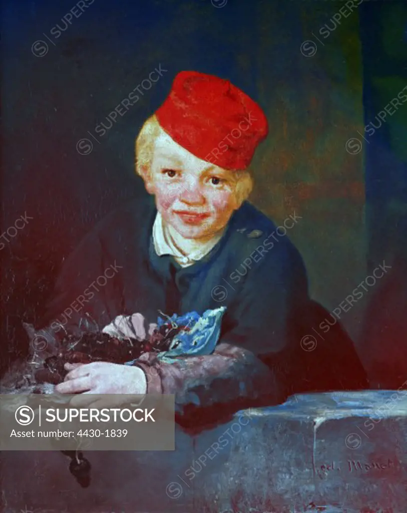 fine arts, Manet, Edouard, (1832 -1883), painting, ""boy with cherries"", 1858, oil on canvas, 65 cm x 65 cm, Gulbenkian collection, Lisbon,